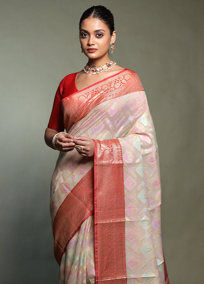 Cream Kora Silk Saree With Blouse Piece