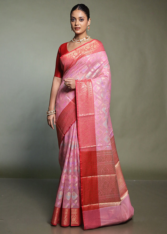 Pink Kora Silk Saree With Blouse Piece