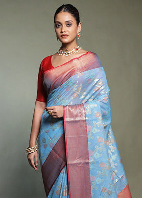 Blue Kora Silk Saree With Blouse Piece
