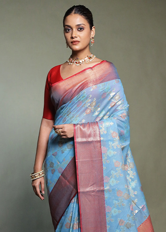 Blue Kora Silk Saree With Blouse Piece