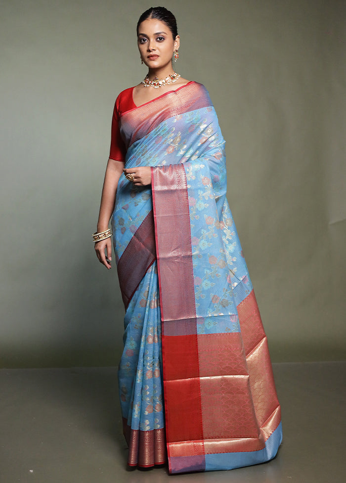 Blue Kora Silk Saree With Blouse Piece