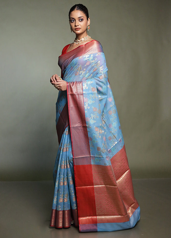 Blue Kora Silk Saree With Blouse Piece