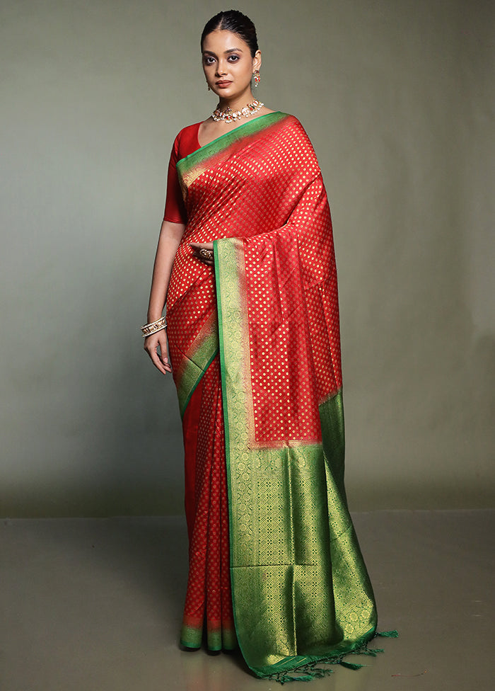 Red Dupion Silk Saree With Blouse Piece