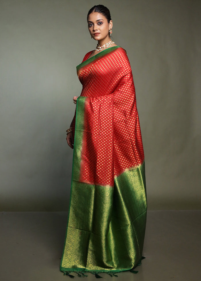 Red Dupion Silk Saree With Blouse Piece