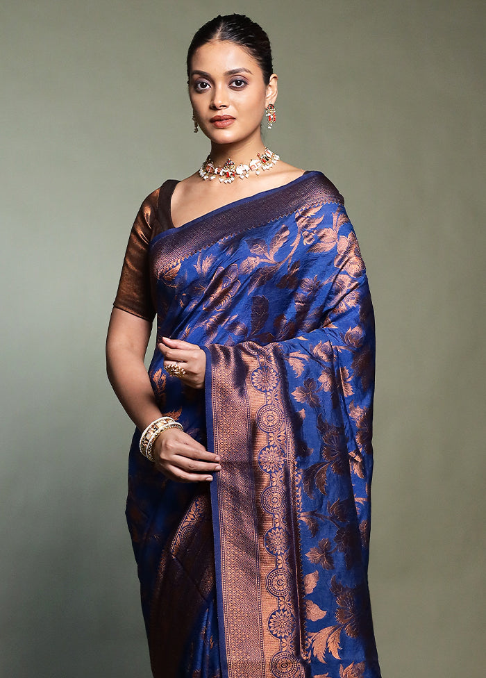 Blue Dupion Silk Saree With Blouse Piece