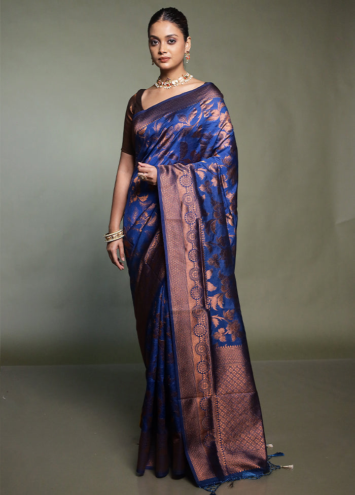 Blue Dupion Silk Saree With Blouse Piece