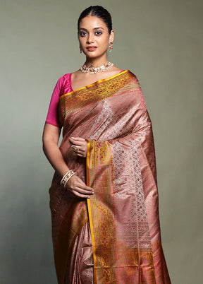 Pink Handloom Jamewar Pure Silk Saree With Blouse Piece