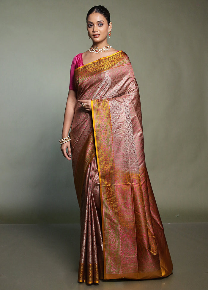 Pink Handloom Jamewar Pure Silk Saree With Blouse Piece