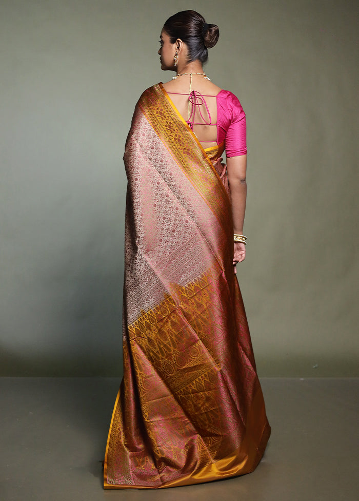 Pink Handloom Jamewar Pure Silk Saree With Blouse Piece