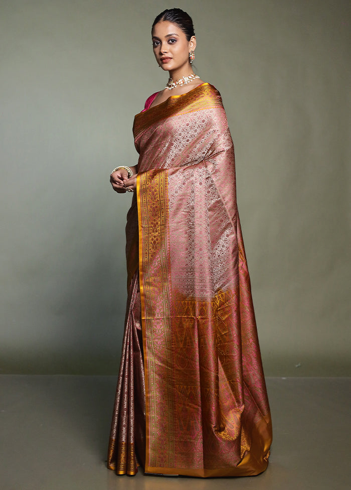 Pink Handloom Jamewar Pure Silk Saree With Blouse Piece