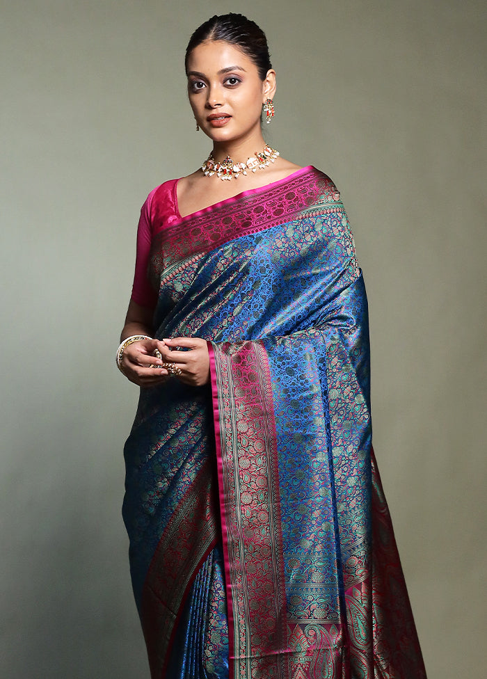 Blue Handloom Jamewar Pure Silk Saree With Blouse Piece