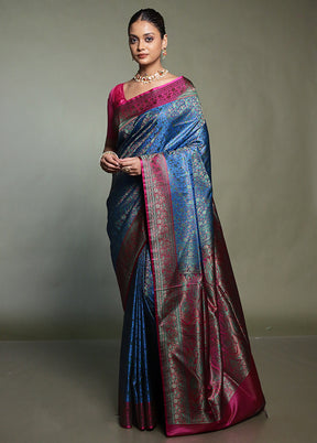 Blue Handloom Jamewar Pure Silk Saree With Blouse Piece