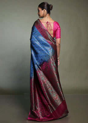 Blue Handloom Jamewar Pure Silk Saree With Blouse Piece