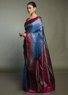 Blue Handloom Jamewar Pure Silk Saree With Blouse Piece