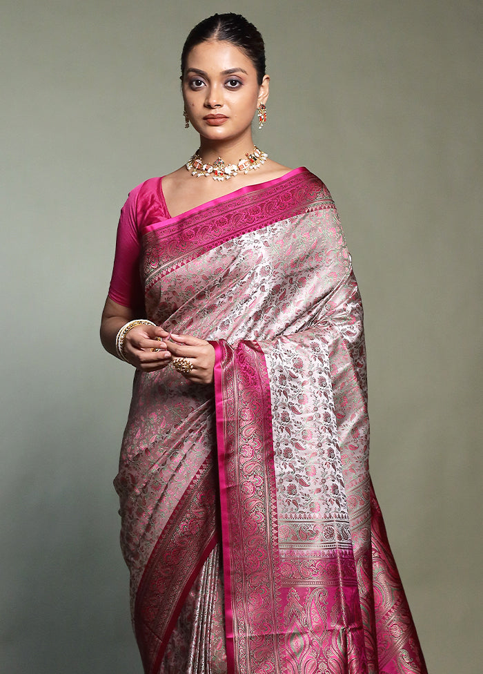 Pink Handloom Jamewar Pure Silk Saree With Blouse Piece