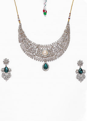 Gold And Rhodium Plated Emerald And Diamond Heavy Choker Necklace Set - Indian Silk House Agencies