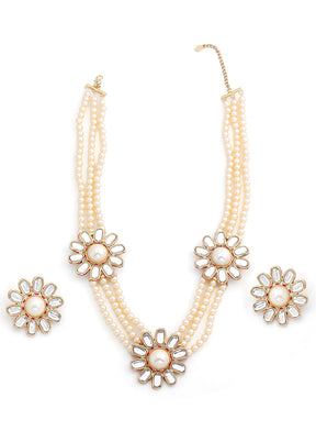 Gold Plated Three Daisy Flower Kundan Pearl Necklace Set - Indian Silk House Agencies