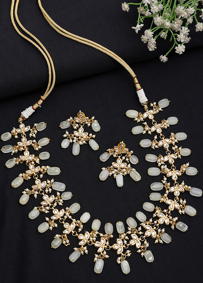 Gold Plated Kundan Jewellery Set With Off White Beads - Indian Silk House Agencies