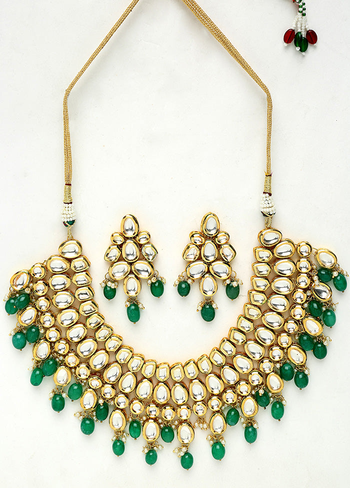 Gold Plated Kundan Jewellery Set With Green Beads - Indian Silk House Agencies