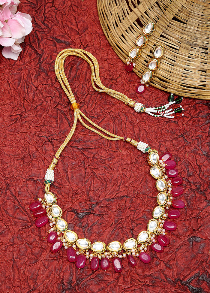 Gold Plated Kundan Jewellery Set With Magenta Beads - Indian Silk House Agencies