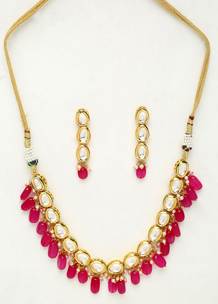 Gold Plated Kundan Jewellery Set With Magenta Beads - Indian Silk House Agencies