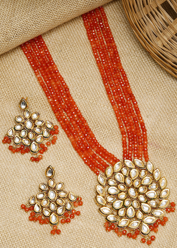 Gold Plated Kundan Jewellery Set With Orange Beads - Indian Silk House Agencies
