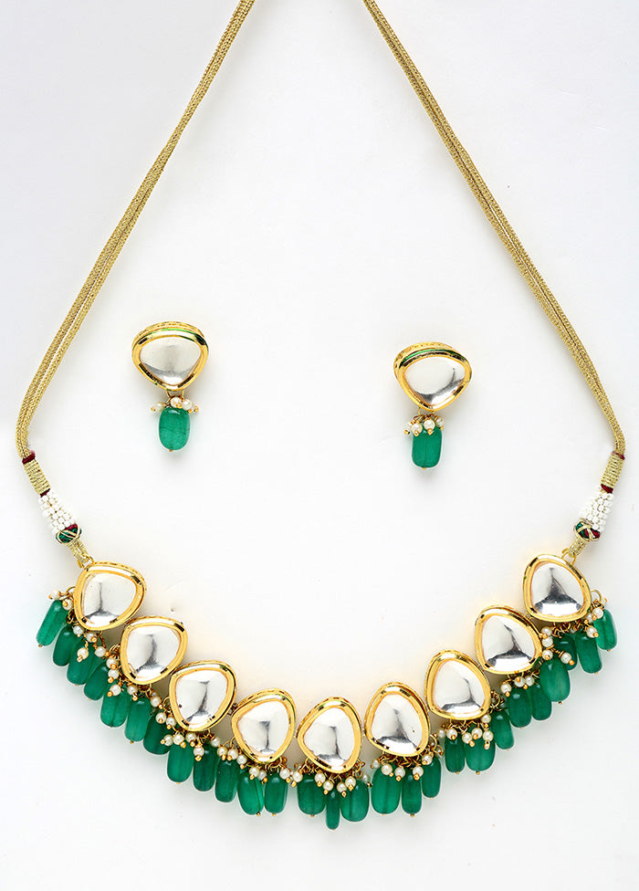 Gold Plated Kundan Jewellery Set With Emerald Green Beads - Indian Silk House Agencies