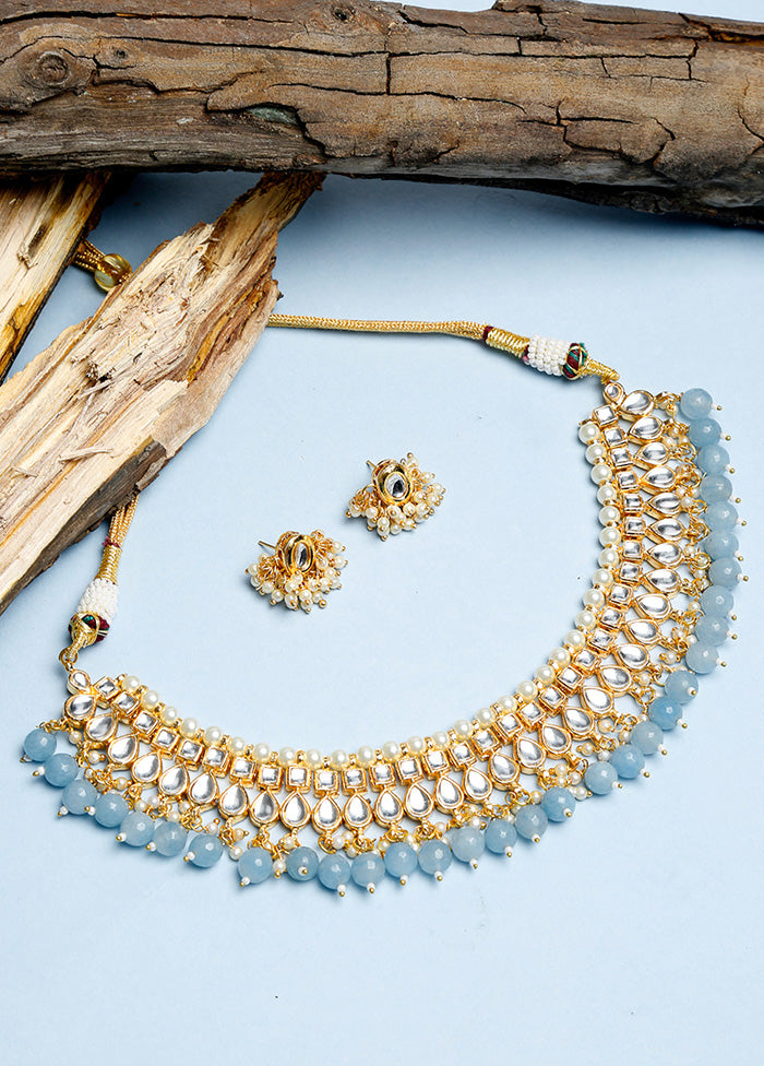 Gold Plated Kundan Jewellery Set With Powder Blue Beads - Indian Silk House Agencies