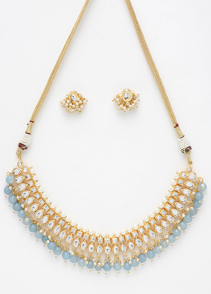 Gold Plated Kundan Jewellery Set With Powder Blue Beads - Indian Silk House Agencies