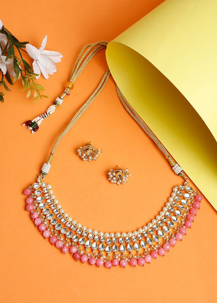 Gold Plated Kundan Jewellery Set With Pink Beads - Indian Silk House Agencies