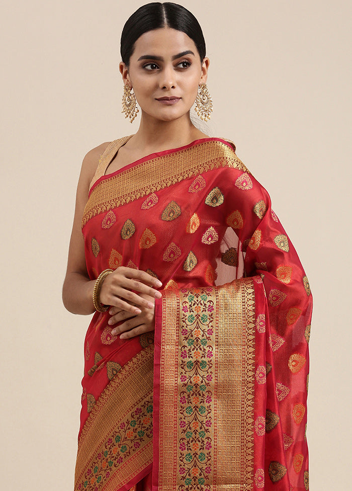 Red Organza Saree With Blouse Piece - Indian Silk House Agencies