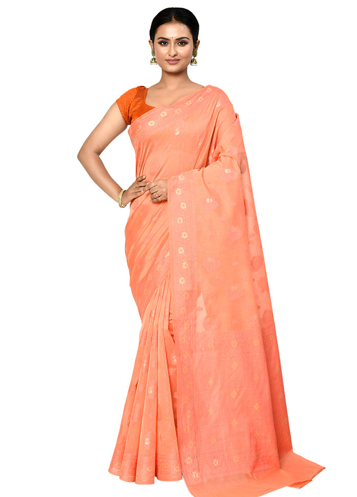 Peach Cotton Saree With Blouse Piece