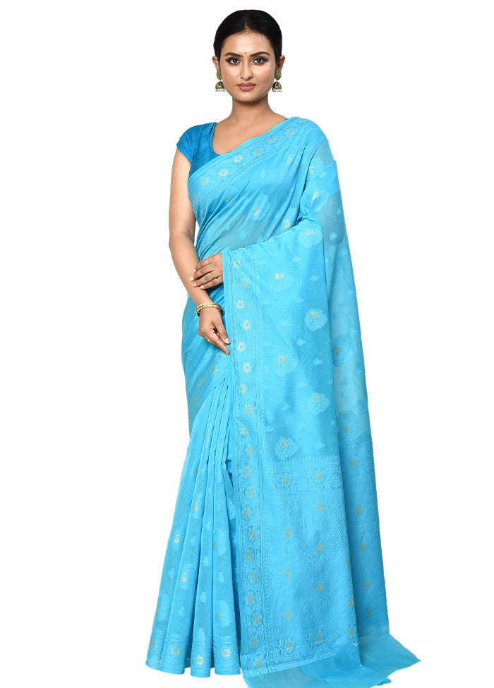 Blue Cotton Saree With Blouse Piece