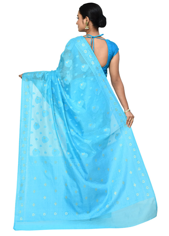 Blue Cotton Saree With Blouse Piece