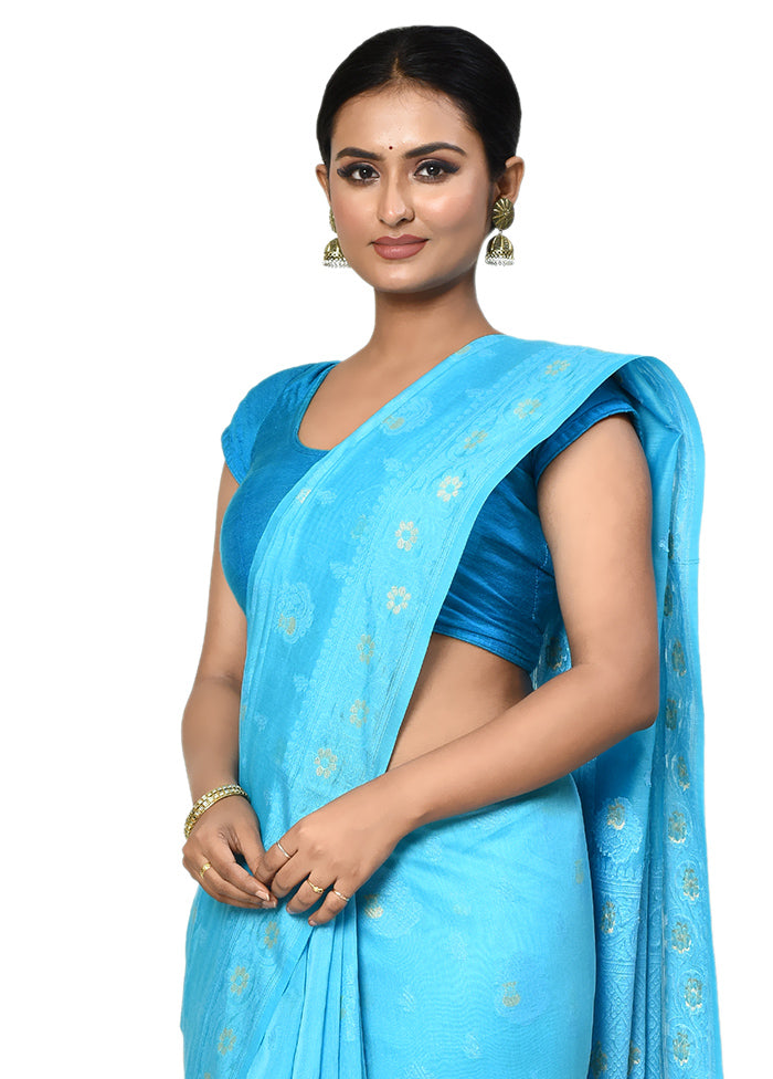 Blue Cotton Saree With Blouse Piece