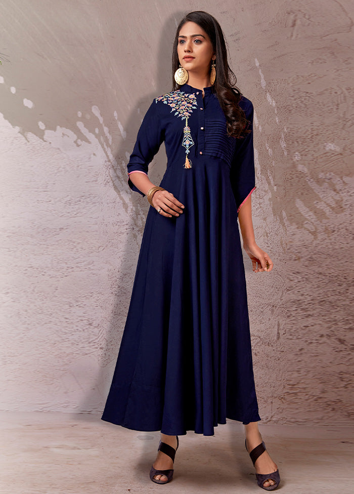 Navy Blue Readymade Rayon Gown - Indian Silk House Agencies