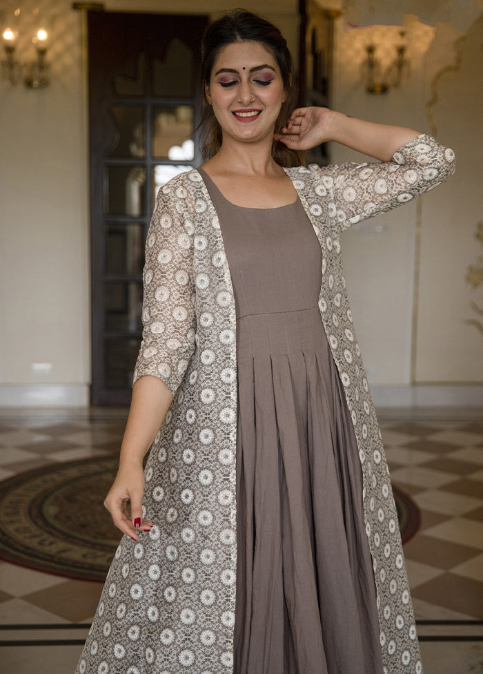 Grey Readymade Silk Gown With Jacket - Indian Silk House Agencies
