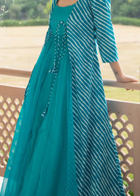 Teal Readymade Silk Gown With Jacket - Indian Silk House Agencies
