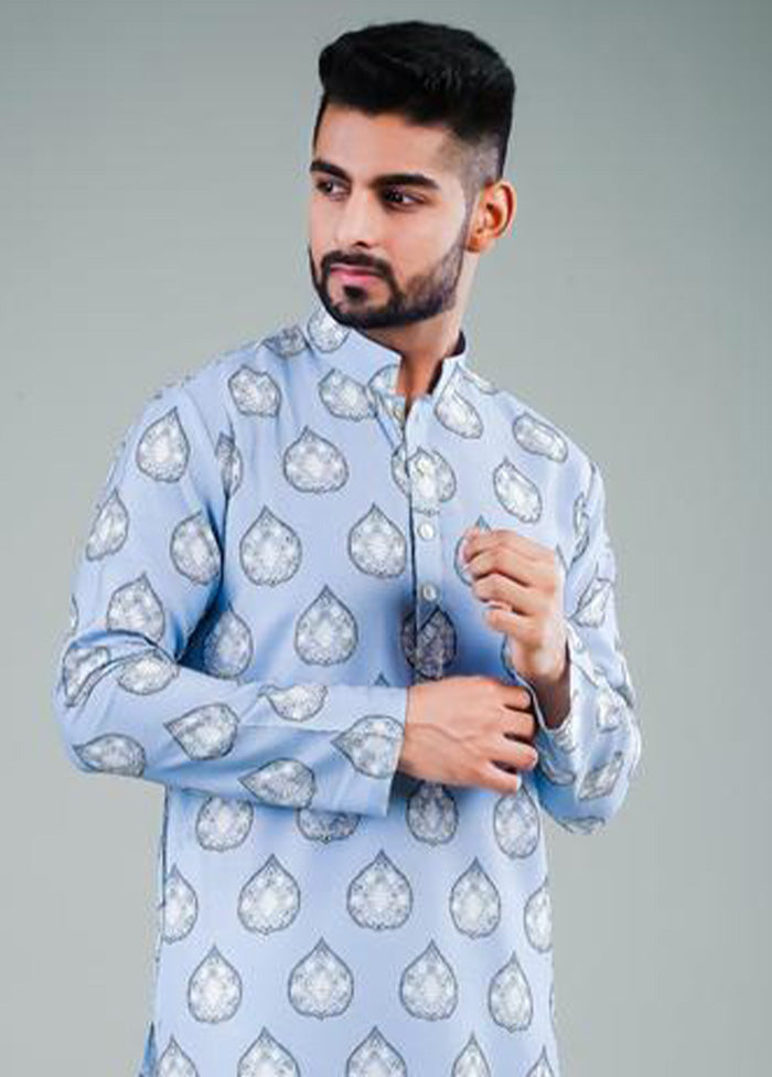 2 Pc Sky Blue Dupion Silk Kurta Pajama Set - Indian Silk House Agencies