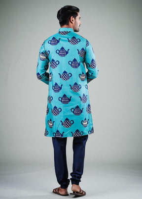 2 Pc Turquoise Dupion Silk Kurta Pajama Set - Indian Silk House Agencies