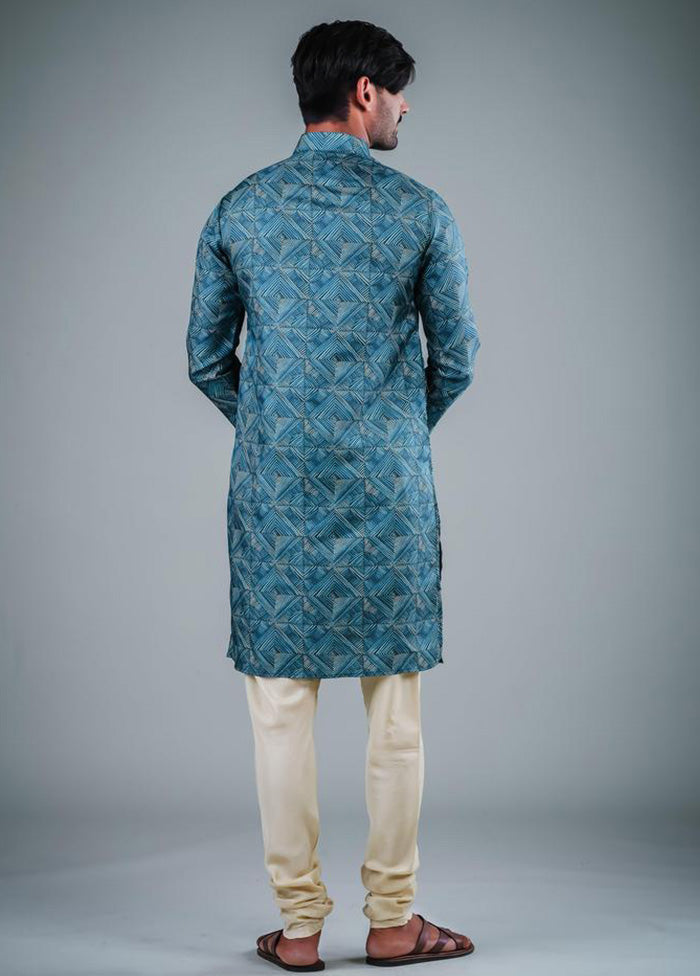 2 Pc Teal Dupion Silk Kurta Pajama Set - Indian Silk House Agencies