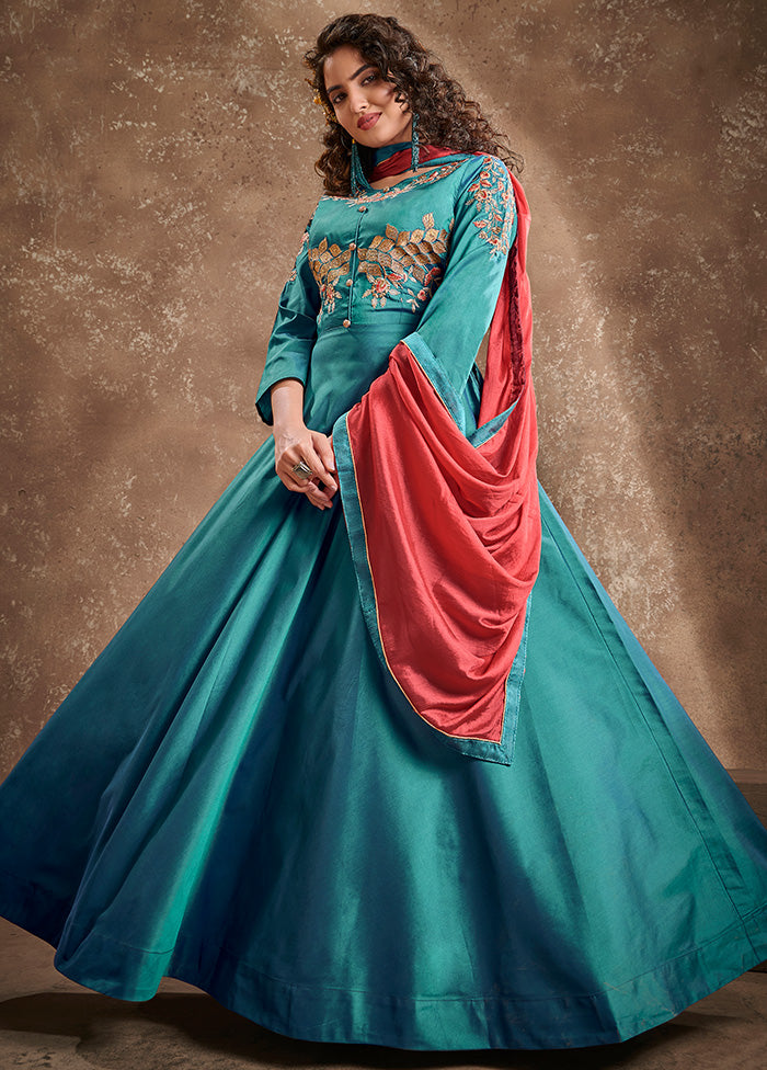 Blue Readymade Silk Gown With Dupatta - Indian Silk House Agencies