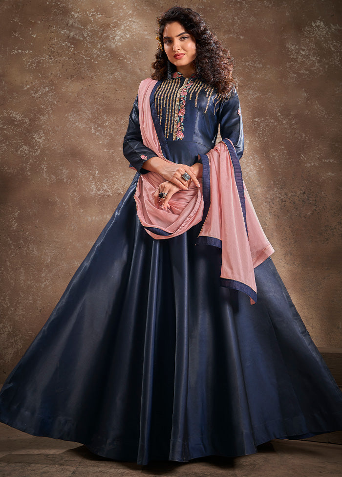 Navy Blue Readymade Silk Gown With Dupatta - Indian Silk House Agencies