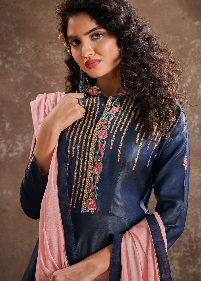 Navy Blue Readymade Silk Gown With Dupatta - Indian Silk House Agencies