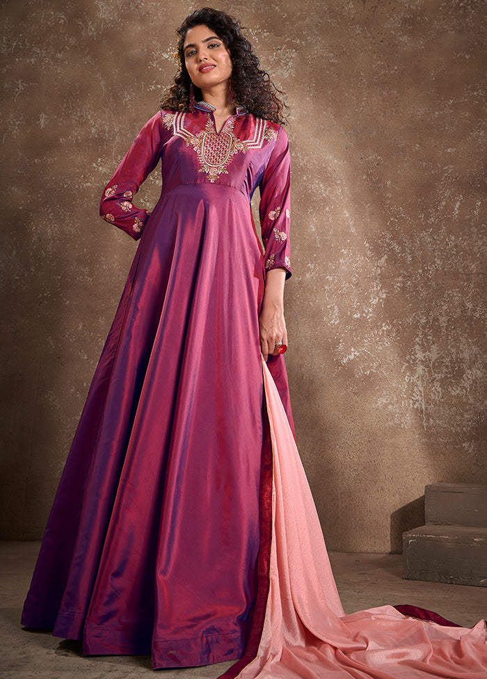 Burgundy Readymade Silk Gown With Dupatta - Indian Silk House Agencies