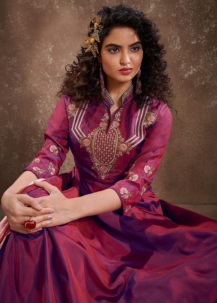 Burgundy Readymade Silk Gown With Dupatta - Indian Silk House Agencies