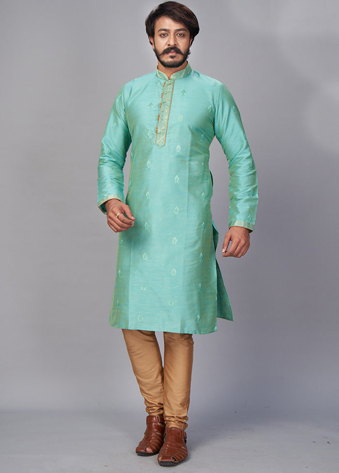 2 Pc Teal Green Dupion Silk Kurta Pajama Set - Indian Silk House Agencies