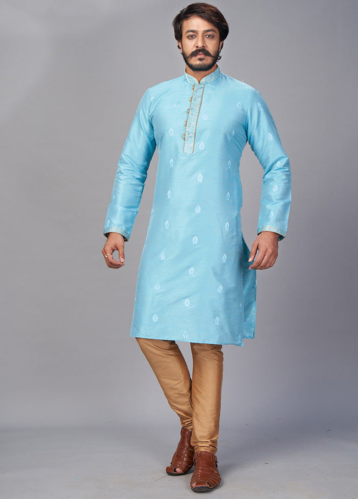 2 Pc Sky Blue Dupion Silk Kurta Pajama Set - Indian Silk House Agencies