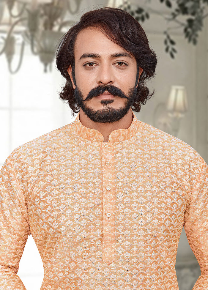 2 Pc Light Yellow Dupion Silk Kurta Pajama Set - Indian Silk House Agencies