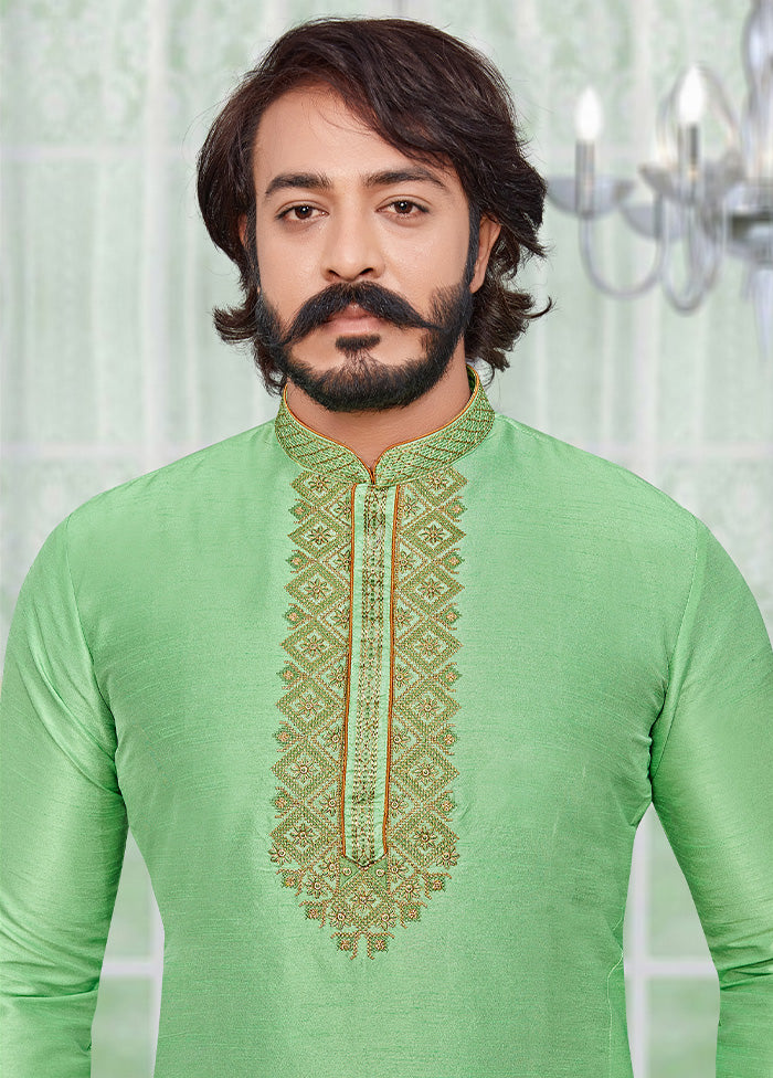 2 Pc Light Green Dupion Silk Kurta Pajama Set - Indian Silk House Agencies